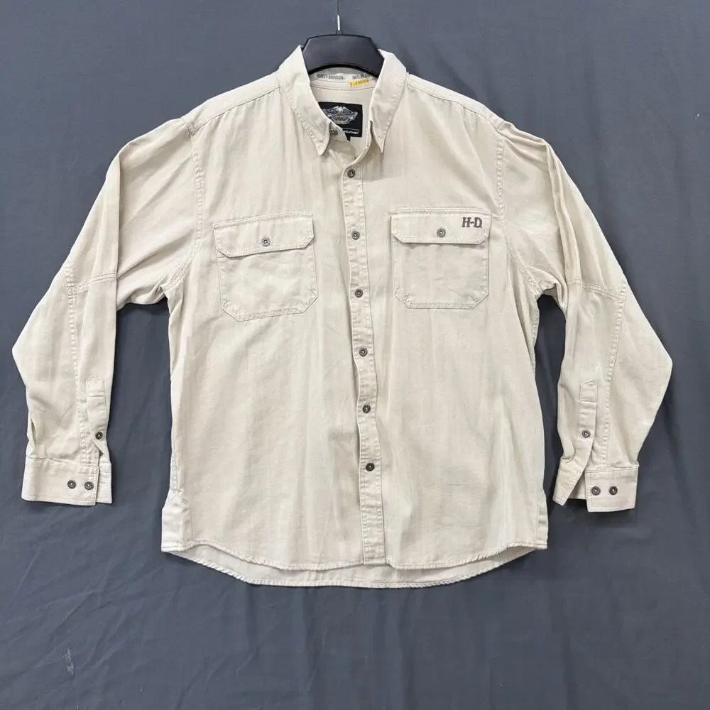 Harley Davidson Long Sleeve Button Up XL Men’s Beige Shirt HD Embroidered